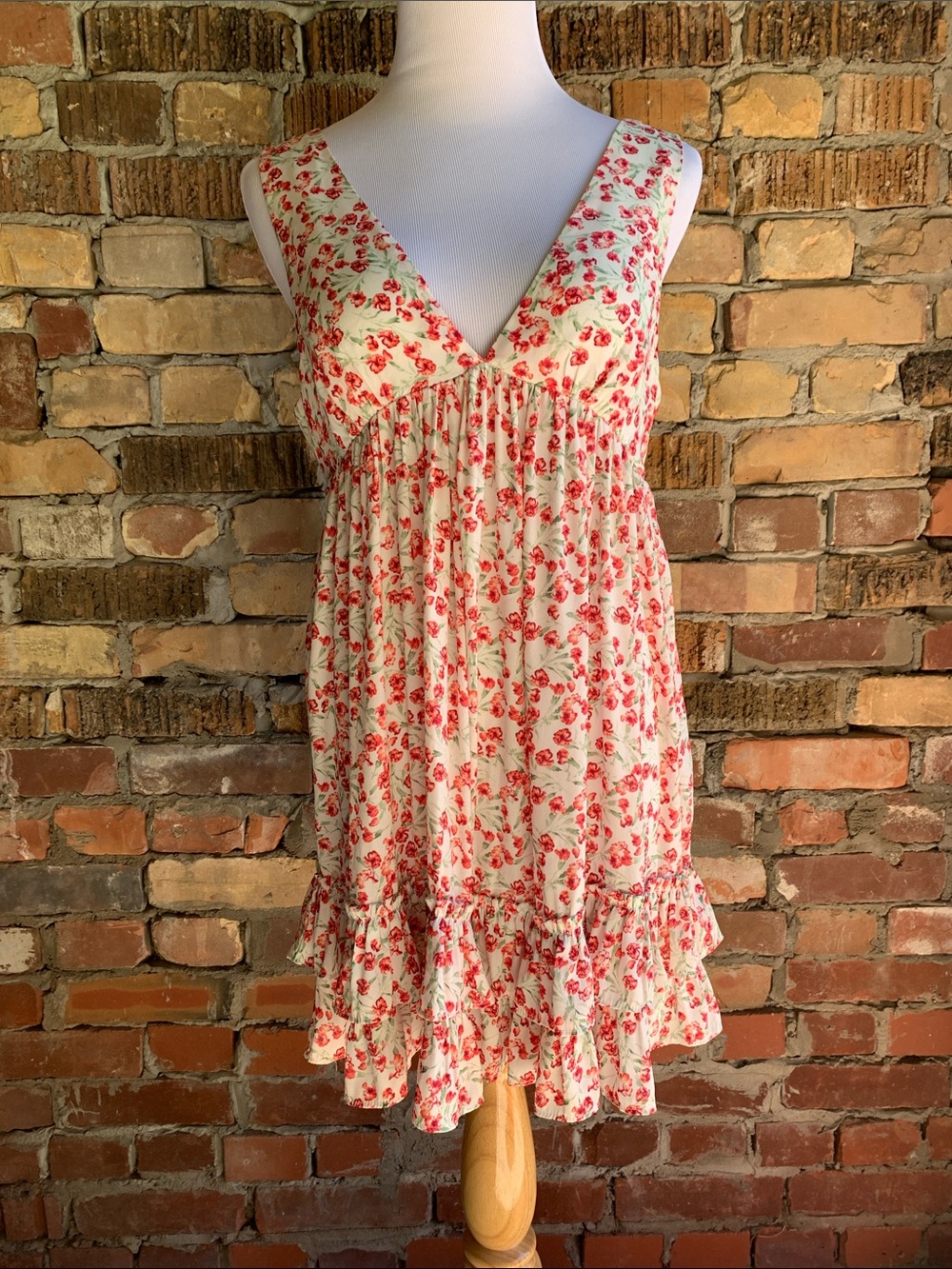 Forever 21 Cream and Red Floral V-Neck Mini Dress